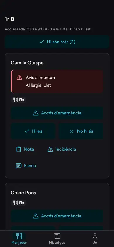 L'app al mòbil de la Núria, la monitora, a l'acollida de les 7:30: el grup de 1r B, «Acollida (de 7:30 a 9:00) · 3 a la llista · 0 han avisat», el botó «Hi són tots» i, a la fila de la Camila Quispe, l'avís alimentari «Al·lèrgia: Llet» al costat de «Hi és» i «No hi és».