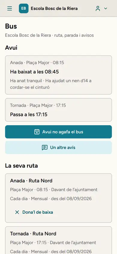 Auladia al mòbil de la mare d'en Pol: el bus d'avui. Anada des de la Plaça Major a les 8:15: «Ha baixat a les 08:45. Ha anat tranquil». Tornada: passa per la Plaça Major a les 17:15.