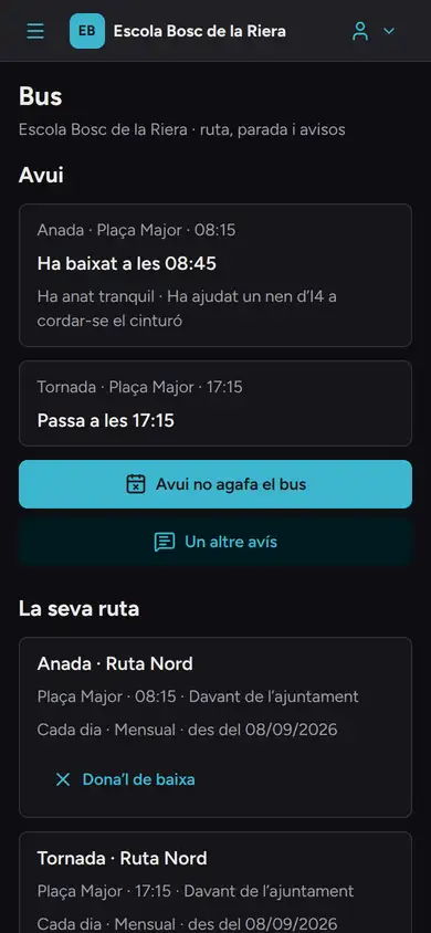 Auladia al mòbil de la mare d'en Pol: el bus d'avui. Anada des de la Plaça Major a les 8:15: «Ha baixat a les 08:45. Ha anat tranquil». Tornada: passa per la Plaça Major a les 17:15.