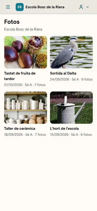 Auladia al mòbil de la mare d'en Pol: els quatre àlbums de 5è A, cadascun amb la seva portada. Tastet de fruita de tardor (castanyes), 7 fotos; Sortida al Delta (un bernat pescaire), 9 fotos; Taller de ceràmica (prestatges de peces), 7 fotos; L'hort de l'escola (una regadora), 6 fotos.