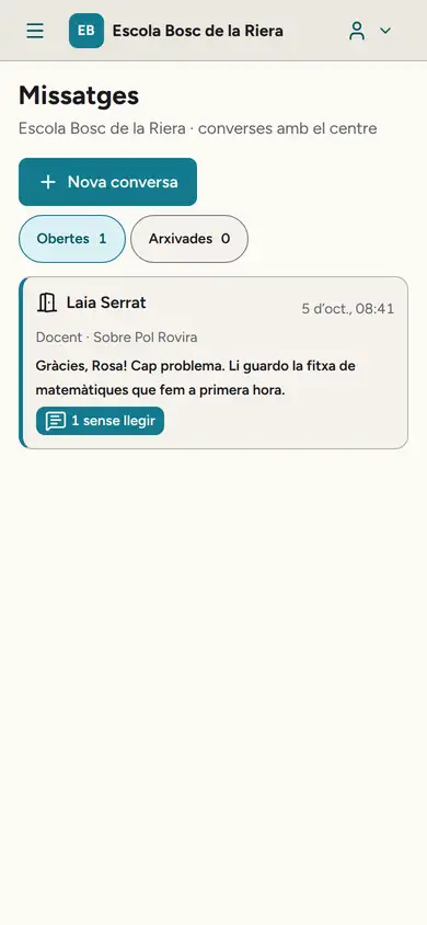 Auladia al mòbil de la mare d'en Pol: Missatges, una conversa oberta amb la Laia Serrat, docent, sobre en Pol Rovira. A les 8:41: «Gràcies, Rosa! Cap problema. Li guardo la fitxa de matemàtiques que fem a primera hora». 1 sense llegir.