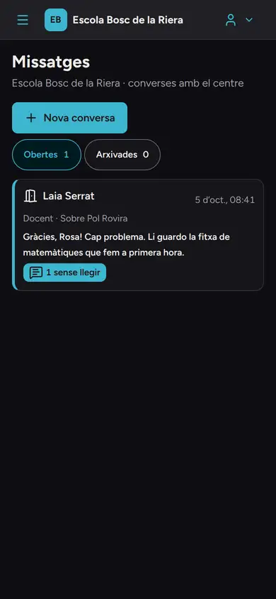 Auladia al mòbil de la mare d'en Pol: Missatges, una conversa oberta amb la Laia Serrat, docent, sobre en Pol Rovira. A les 8:41: «Gràcies, Rosa! Cap problema. Li guardo la fitxa de matemàtiques que fem a primera hora». 1 sense llegir.