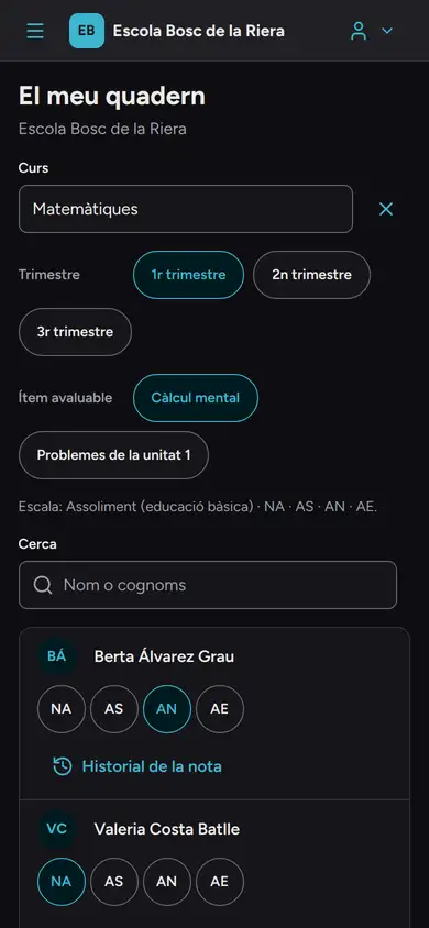 El quadern de la tutora de 5è A al mòbil: Matemàtiques, 1r trimestre, ítem «Càlcul mental», escala d'assoliment NA · AS · AN · AE. La Berta Álvarez té AN i la Valeria Costa, NA.
